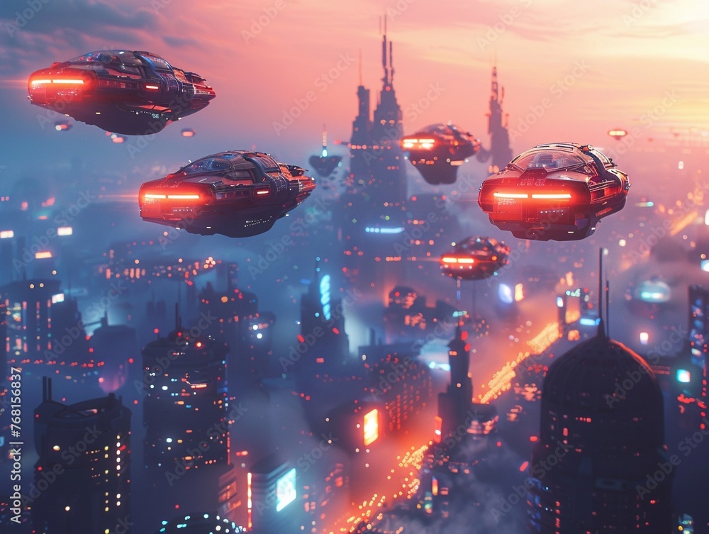 Retrofuturistic skyline, flying cars above 1980s neon city , octane render Retrofuturistic skyline, flying cars above 1980s neon city , octane render