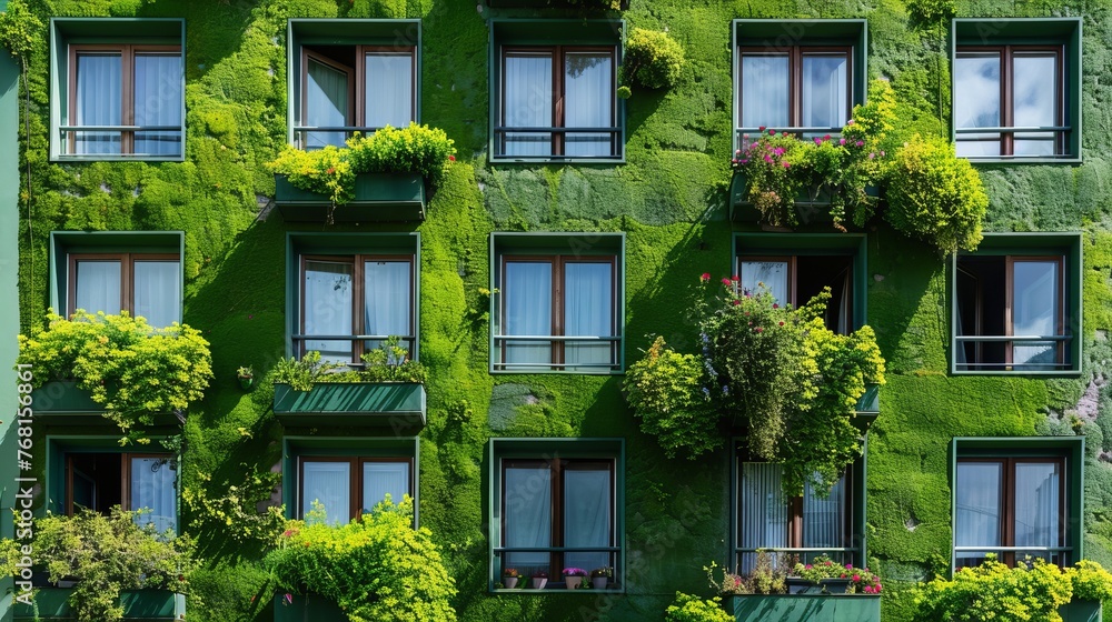 Green facade of apartment building, Lisbon, Portugal - obrazy, fototapety, plakaty 