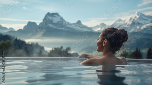  Immersed in bliss  a young woman indulges in a spa treatment  nestled in a jacuzzi with a panoramic view of a majestic mountain range.