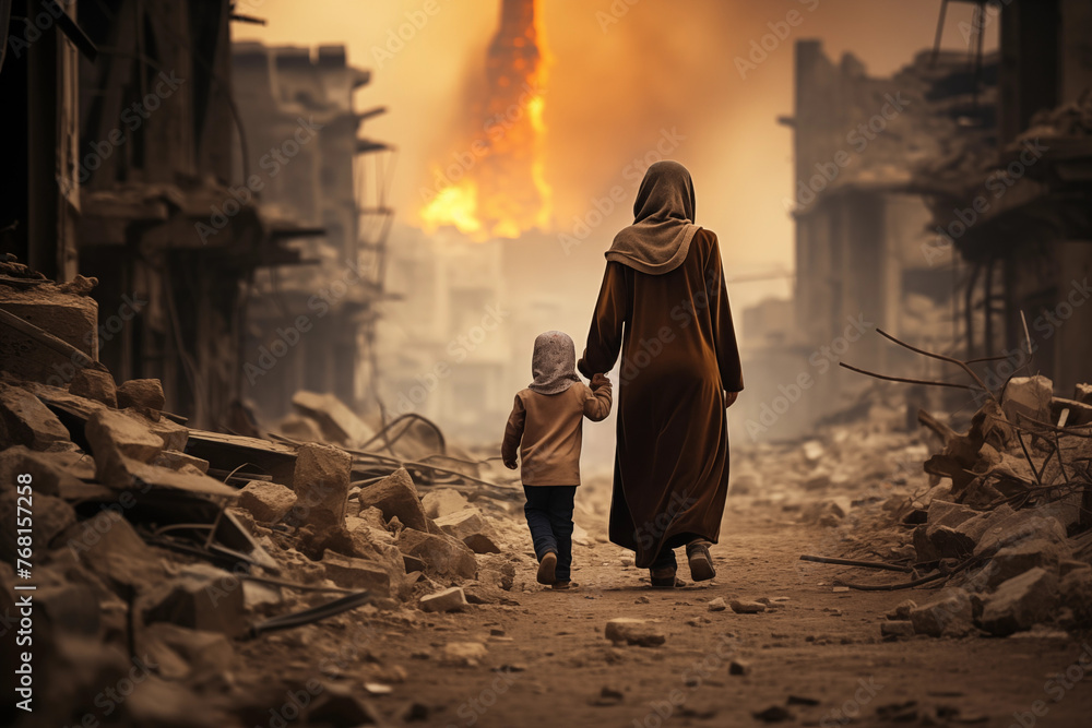 Mother and his child in a war-torn city look at the ruins of his home ...