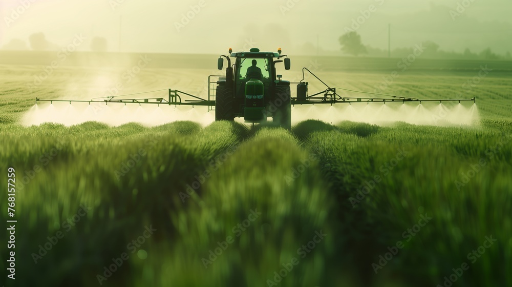 Fototapeta premium Large Green Tractor Driving Through Field