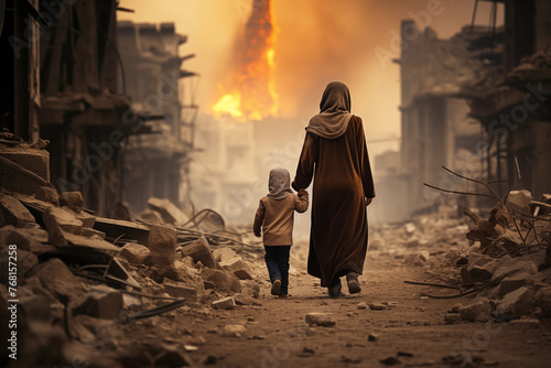 Mother and his child in a war-torn city look at the ruins of his home, Walking Amidst Destroyed Building Ruins Photorealism photo