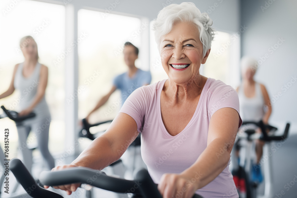 Elderly woman taking indoor cycling class at fitness center, woman ...