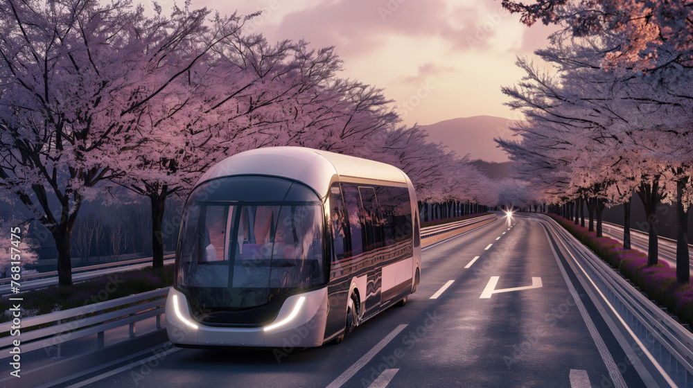 Self-driving electric bus on a scenic road lined with blooming cherry trees during a tranquil sunset