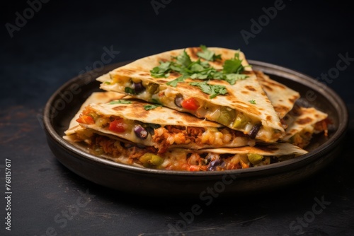 Hearty quesadilla in a clay dish against a grey concrete background