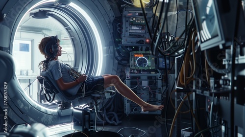 Fototapeta Naklejka Na Ścianę i Meble -  Woman Sitting in Chair Inside Space Station