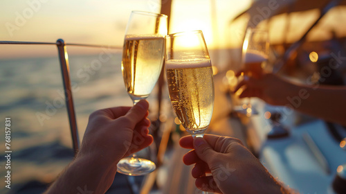 Friends toasting with champagne glasses on yacht, people having fun and celebrating, luxury sailboat party, sunset