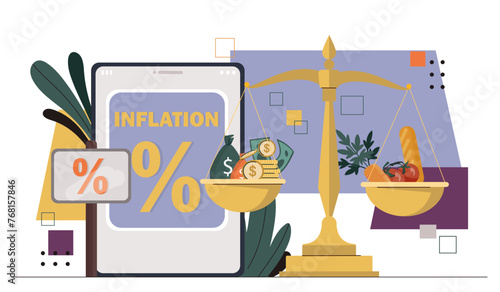 Inflation in economy concept. Golden scales with products and golden coins. Economic crisis and recession. Nominal of dollars and euros. Cost of life. Cartoon flat vector illustration