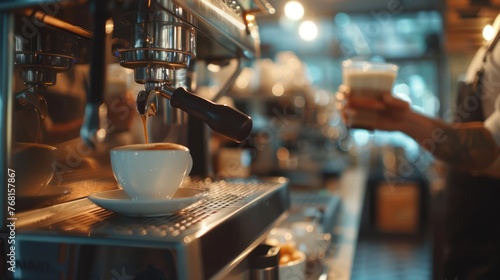 Coffee machine in a coffee shop. Barista in the background blurred © Daniil