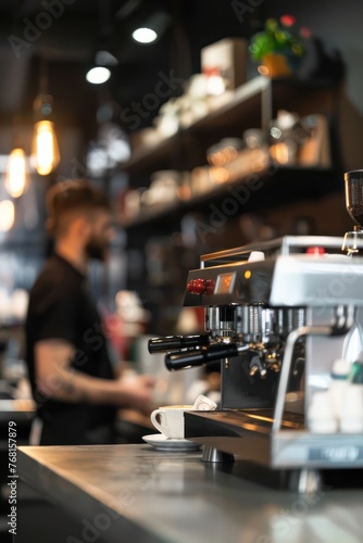 Coffee machine in a coffee shop. Barista in the background blurred © Daniil