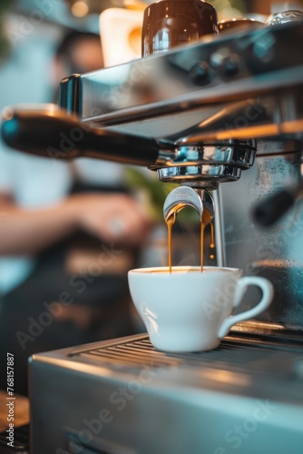 Coffee machine in a coffee shop. Barista in the background blurred © Daniil