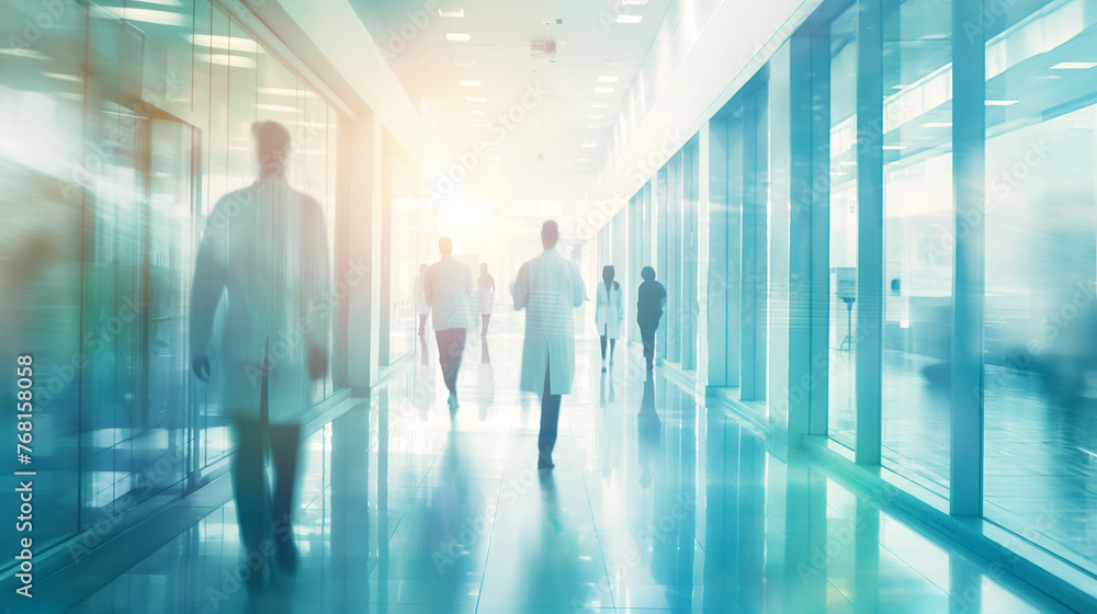 Medical staff in hospital corridor, health care, motion blur effect