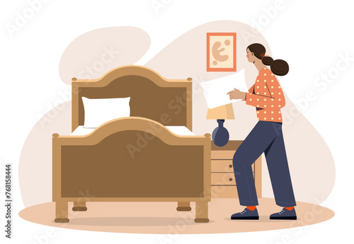 Woman making bed. Young girl in bedroom with white pillow. Comfort and coziness indoors. Preparation for rest and recuperation. Cartoon flat vector illustration isolated on white background