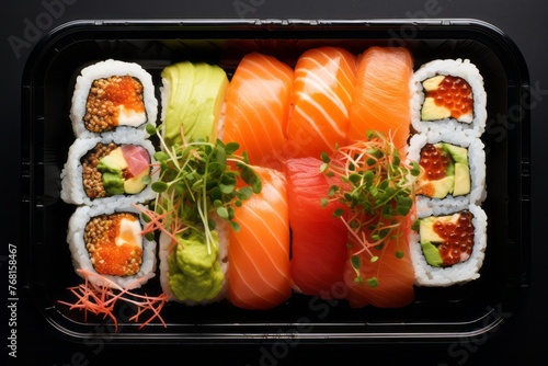 Tempting sushi on a plastic tray against a white marble background