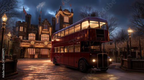 Classic red bus parked in front of a historic building under evening lights