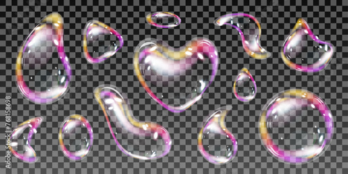 Abstract realistic bubbles with refraction and glare. Vector illustration with soapy foam or colorful shiny rainbow balls isolated on a transparent background.