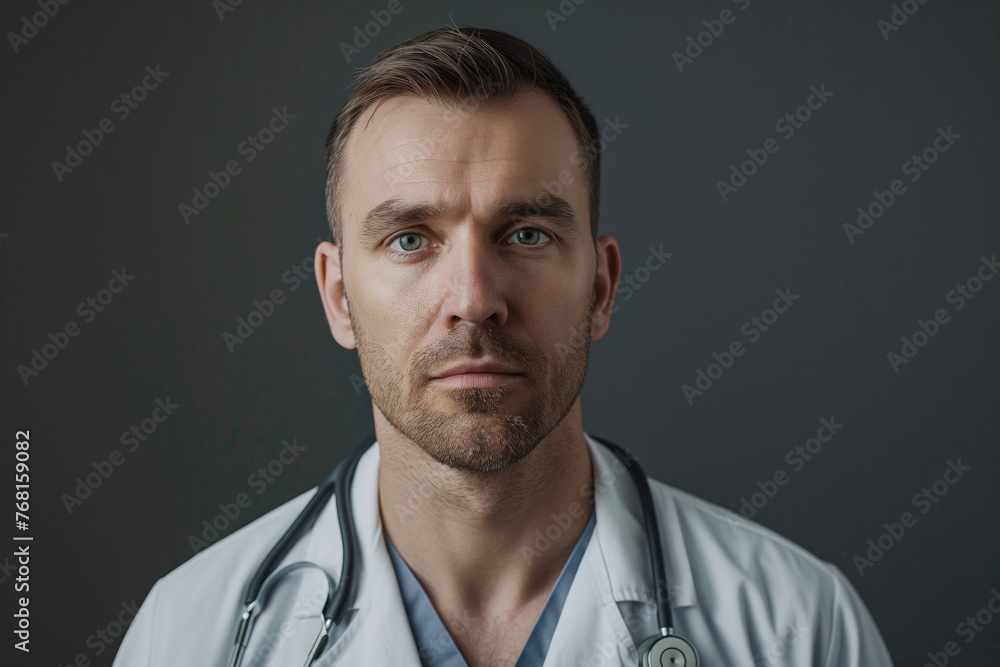 Professional Healthcare Worker with Serious Expression in Clinic. Professional Healthcare Worker with Serious Expression in Clinic.