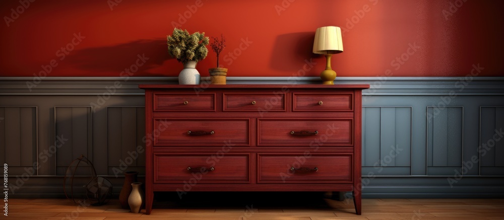 A red dresser stands against red walls in a room, adding a bold pop of color to the interior. The room appears cozy and inviting, with the dresser serving as a functional piece of furniture for A red dresser stands against red walls in a room, adding a bold pop of color to the interior. The room appears cozy and inviting, with the dresser serving as a functional piece of furniture for