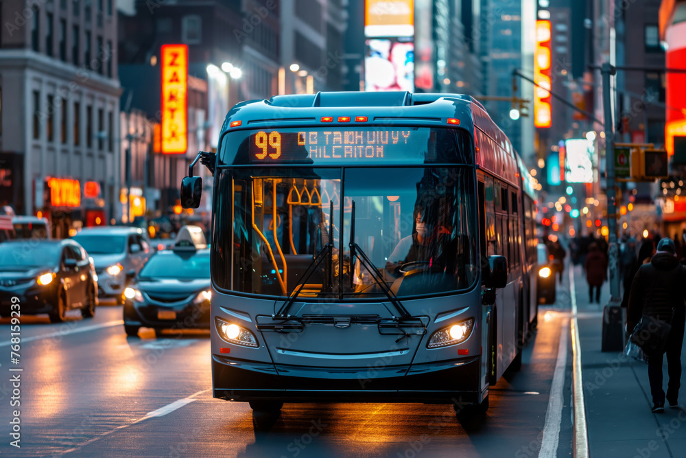 Public bus in illuminated city scene at twilight with bustling urban background