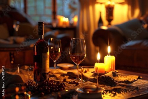 A table with a wine bottle, two wine glasses, and lit candles.