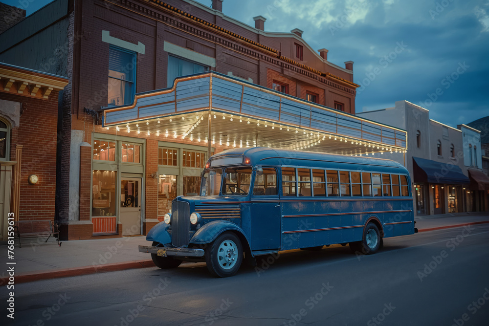 Classic blue bus on an old-town street with retro signage illuminated as evening sets in