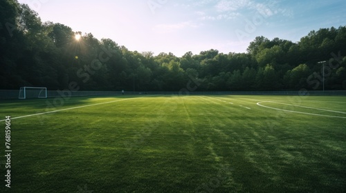 Typical soccer ball on the free kick marking line, outdoors on the stadium field. Traditional football ball on the green grass turf before goal.