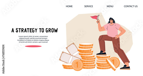 Achieve success in career and business, setting and reaching financial goals, improving leadership skills and mastering finance. Flat style vector banner for website or presentation.