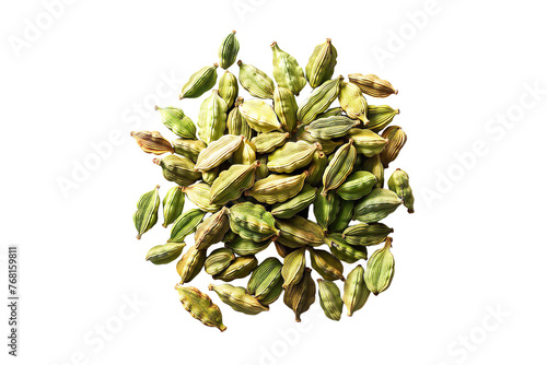 Whole and chopped cardamom pods on a white background