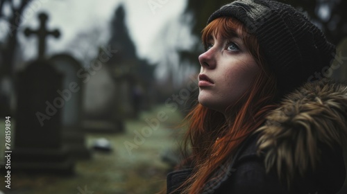 An emo girl with red hair and a black coat is standing in the cemetery. She looks away with a serious expression on her face. The sky above is cloudy.