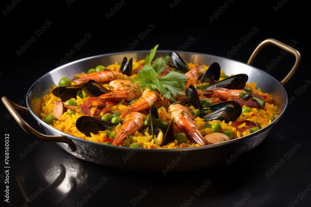 Delicious paella on a metal tray against a white marble background