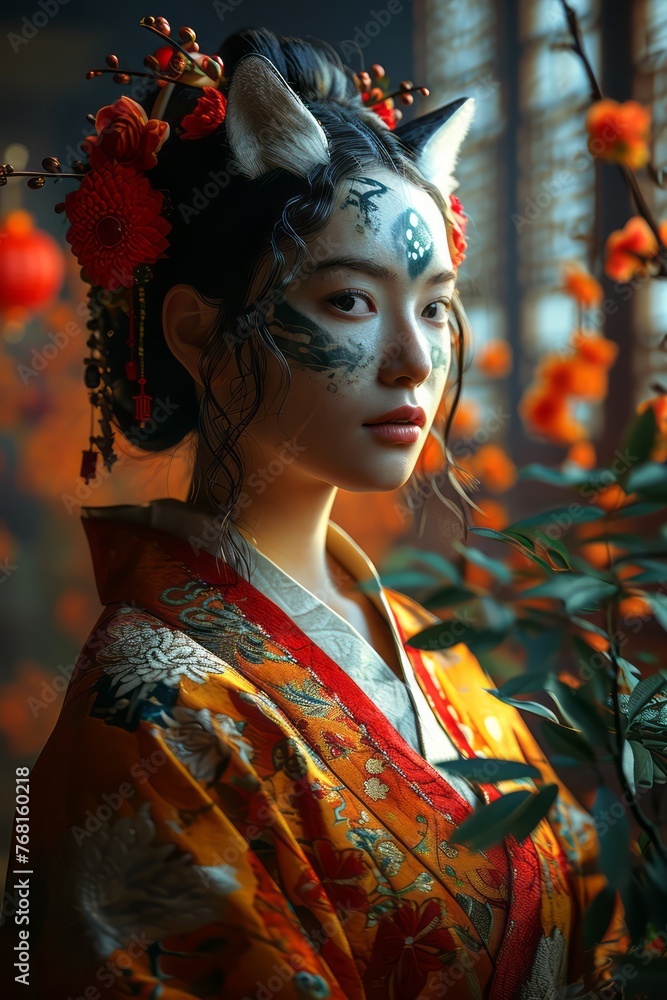 Portrait of Asian woman in kimonos and flowers. Portrait of Asian woman in kimonos and flowers.