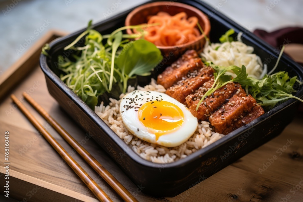 Exquisite ramen in a bento box against a white marble background Exquisite ramen in a bento box against a white marble background