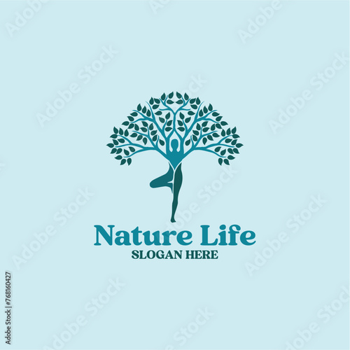 Meditating people in various poses with the tree of life. Healthy lifestyle theme. Yoga logo design.
