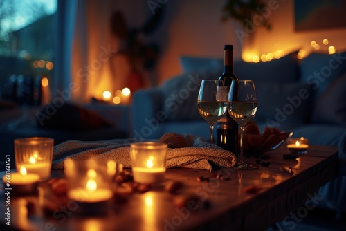 A table with a bottle of wine and glasses, surrounded by lit candles.