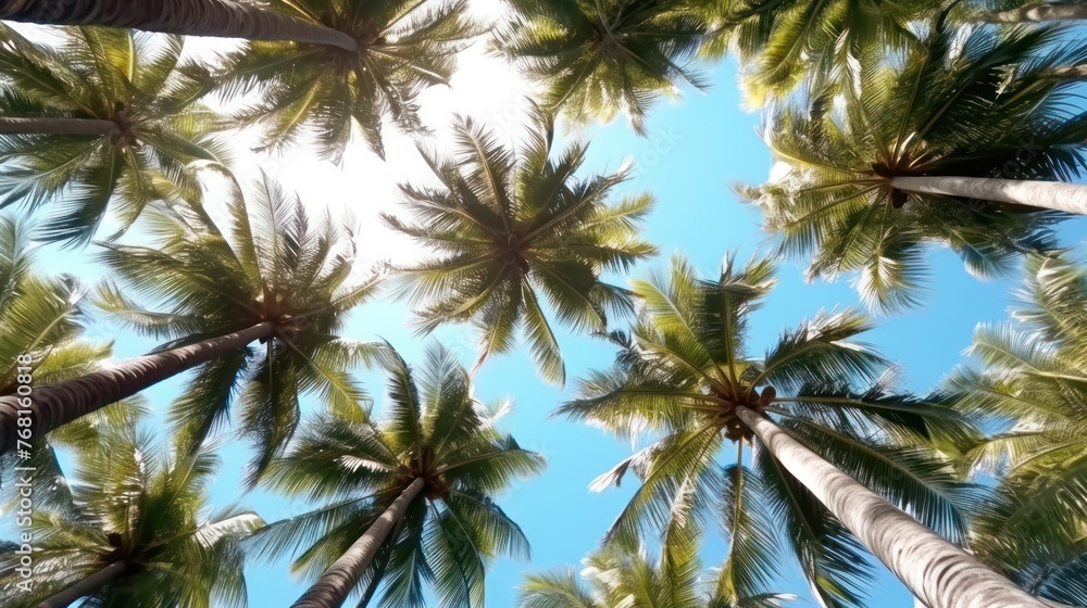 Fruitful coconut trees seen from below against the background of the sky, AI generated Fruitful coconut trees seen from below against the background of the sky, AI generated