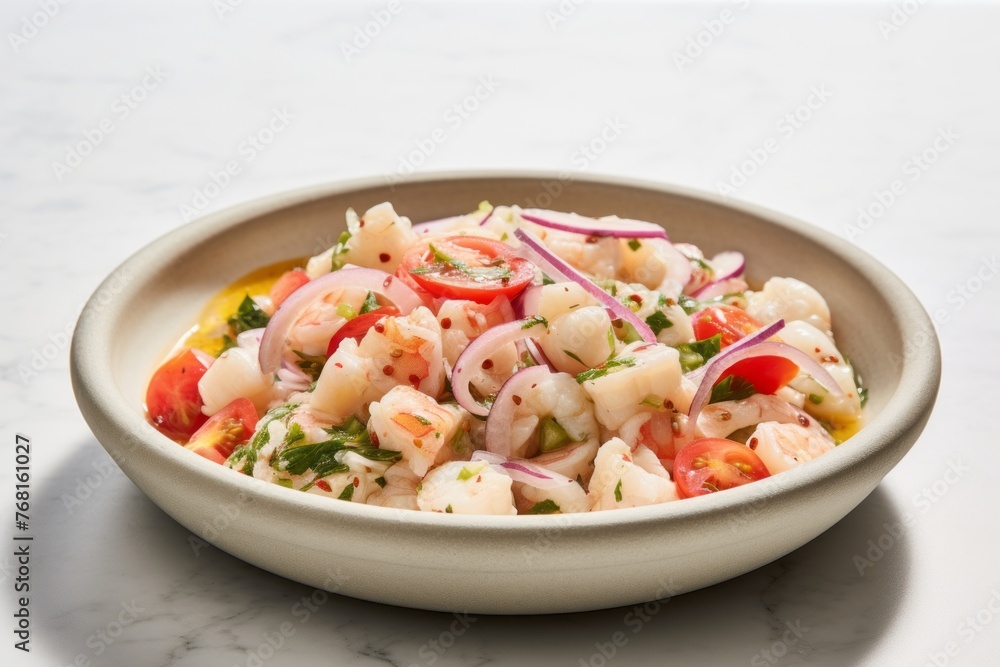 Refined ceviche in a clay dish against a white marble background Refined ceviche in a clay dish against a white marble background