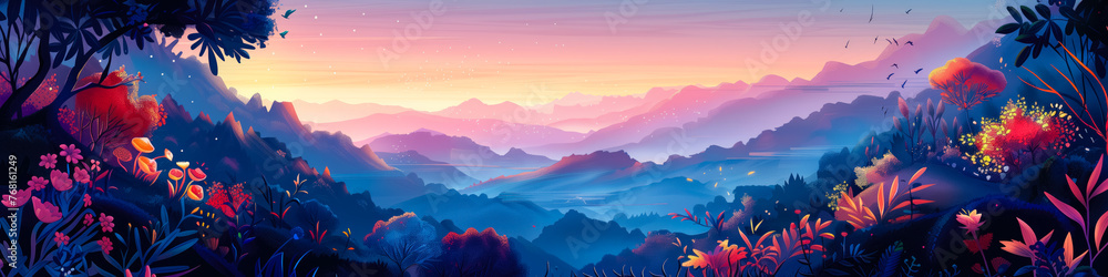 Banner natural landscape at sunset with blooming flowers and mountains. Spring time and travel concept