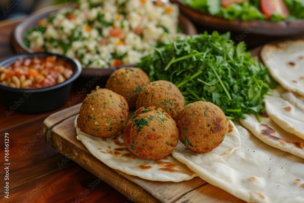 Wooden Cutting Board With Assorted Food Toppings, Variety of traditional Lebanese flatbreads served with falafel, AI Generated Wooden Cutting Board With Assorted Food Toppings, Variety of traditional Lebanese flatbreads served with falafel, AI Generated