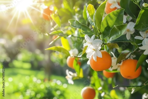 Photo of an Orange Tree With Hanging Oranges and White Flowers on a Sunny Day