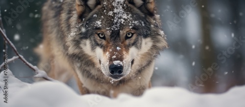 A majestic wolf fiercely stalks through a snow-covered forest  its powerful stride leaving deep footprints in the freshly fallen snow. The wolfs fur blends seamlessly with the white landscape