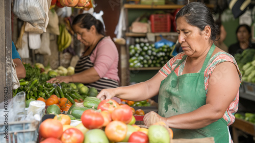 At a bustling vegetable stand, two women work side by side, one of them sporting a green apron as she assists customers with their selections.