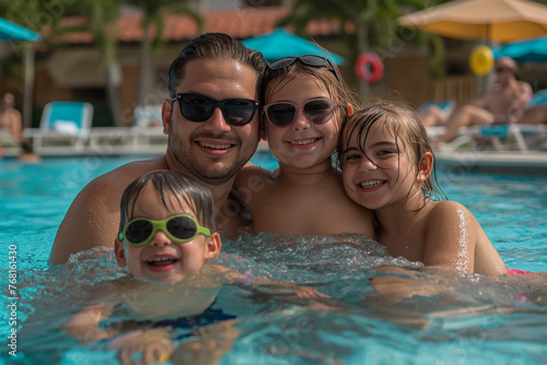A man and three children swim in the pool © Dzmitry