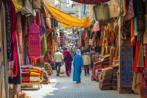 A photo capturing the energy of a busy narrow street as pedestrians navigate through the bustling scene, Vibrant colors of a bustling Islamic Souk (marketplace), AI Generated