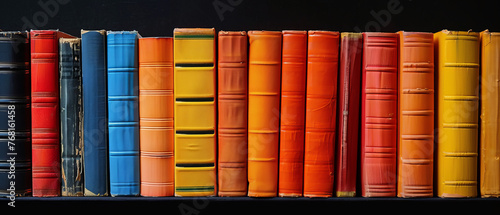 Stack of A row of colorful hardcover books with bold titles, levitating at an angle against a clean black background Studio lighting highlights the vibrant colors of the book spine