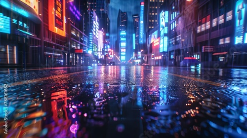 Photorealistic 3D illustration depicting a futuristic cityscape in cyberpunk style on a rainy night, featuring an empty street with neon lights reflecting on the wet pavement.