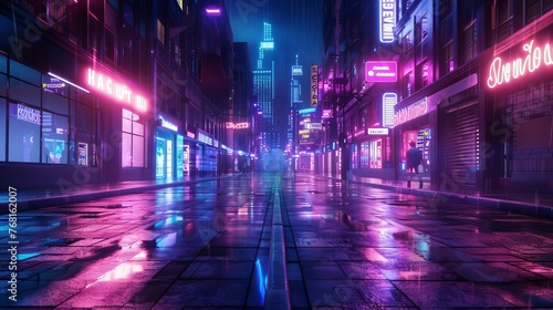Photorealistic 3D illustration of a futuristic city in cyberpunk style, featuring an empty street adorned with neon lights and showcasing a grunge urban landscape.