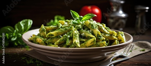 A bowl of trofie pasta coated in homemade pesto sauce sits on a wooden table, ready to be enjoyed. The green pesto glistens under the light, showcasing the traditional Italian dish.