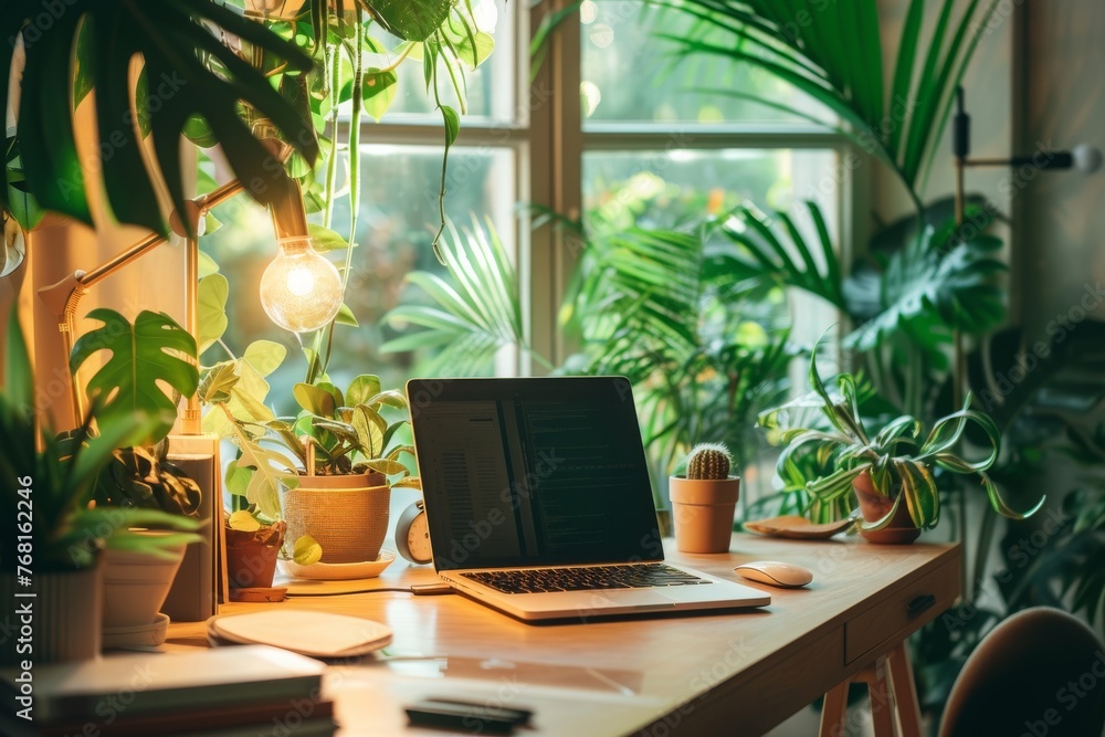 Fototapeta premium A laptop computer is placed on top of a sturdy wooden desk, Workplace in a home filled with plants for fresh environment, AI Generated