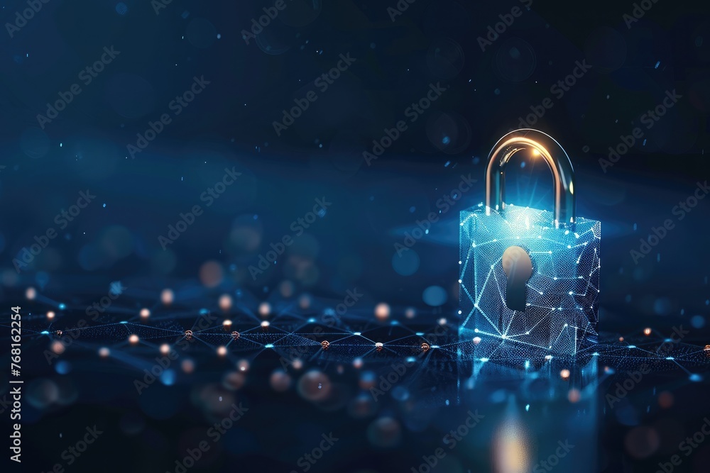 Illustration of a digital padlock for a computing system on a dark blue background, representing cyber security technology for fraud prevention and privacy data network protection.  - obrazy, fototapety, plakaty 