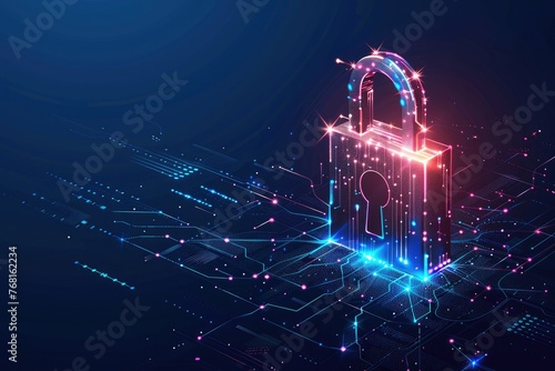 Illustration of a digital padlock for a computing system on a dark blue background, representing cyber security technology for fraud prevention and privacy data network protection. 